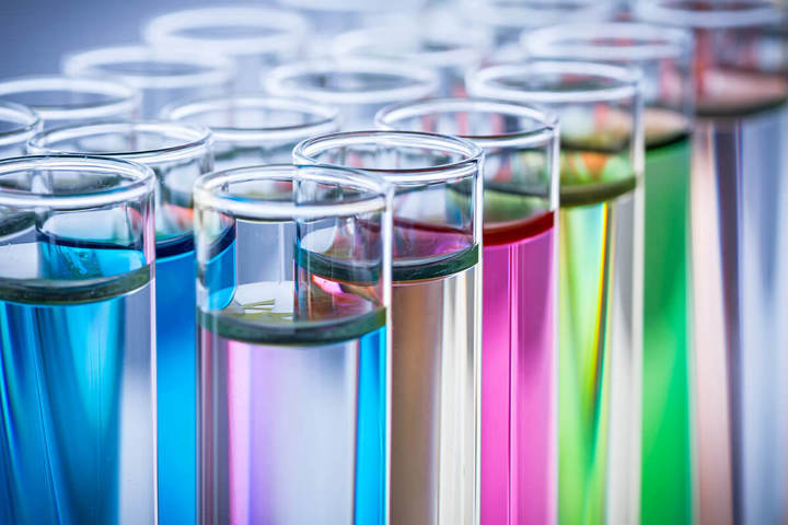 Test tubes with colorful chemicals.