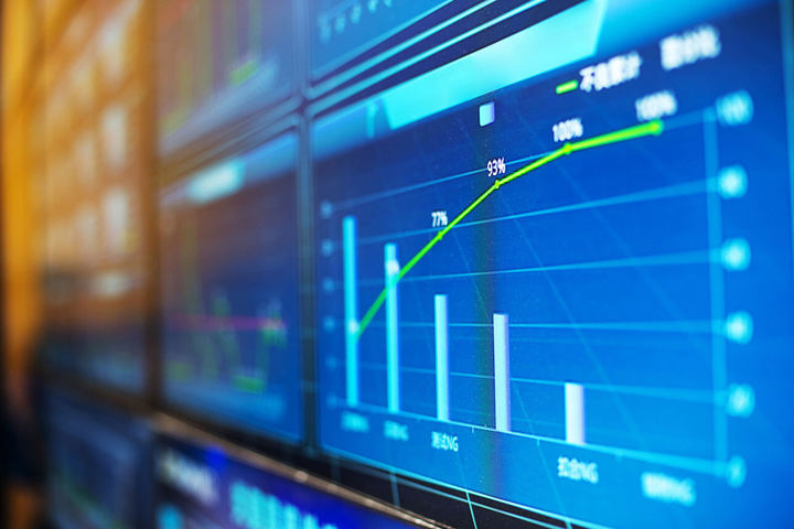 Computer screens with graphs and charts.