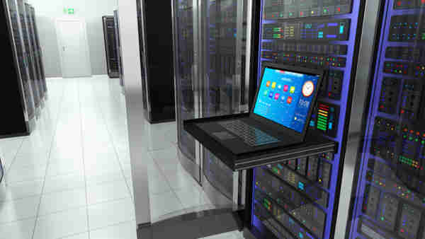 Laptop computer terminal in industrial server room